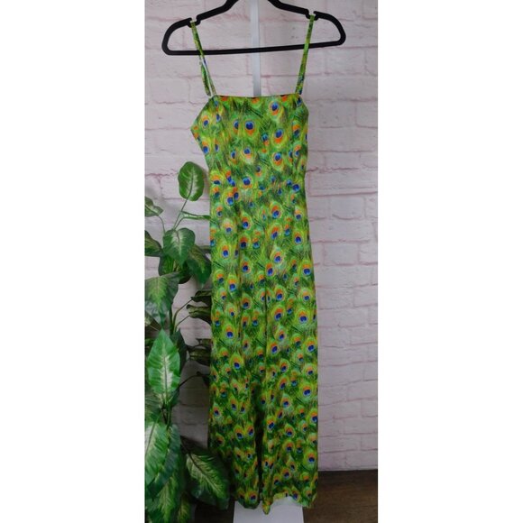 Peacock Feather Print Jumpsuit XS, Boho Festival Style, Adjustable Straps - Picture 1 of 12